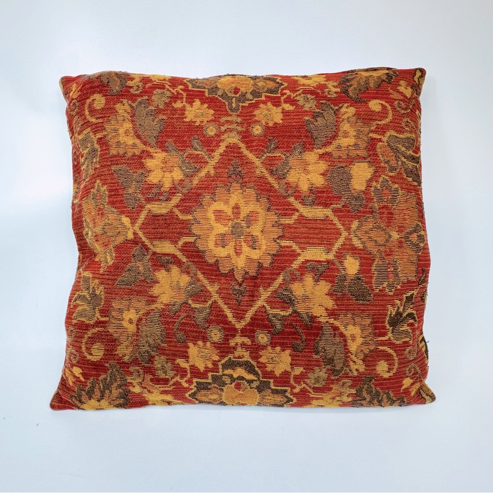 THREE Crate & Barrel double sided 22” tapestry throw pillow covers red gold grn